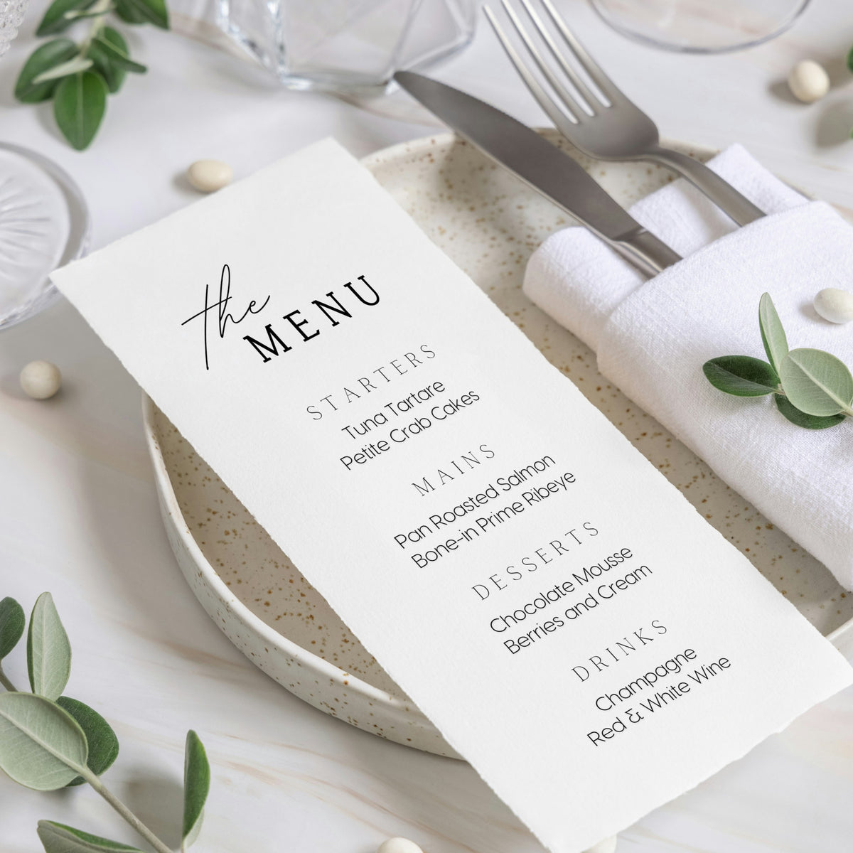 timeless white personalised wedding menu - affordable custom wedding menus