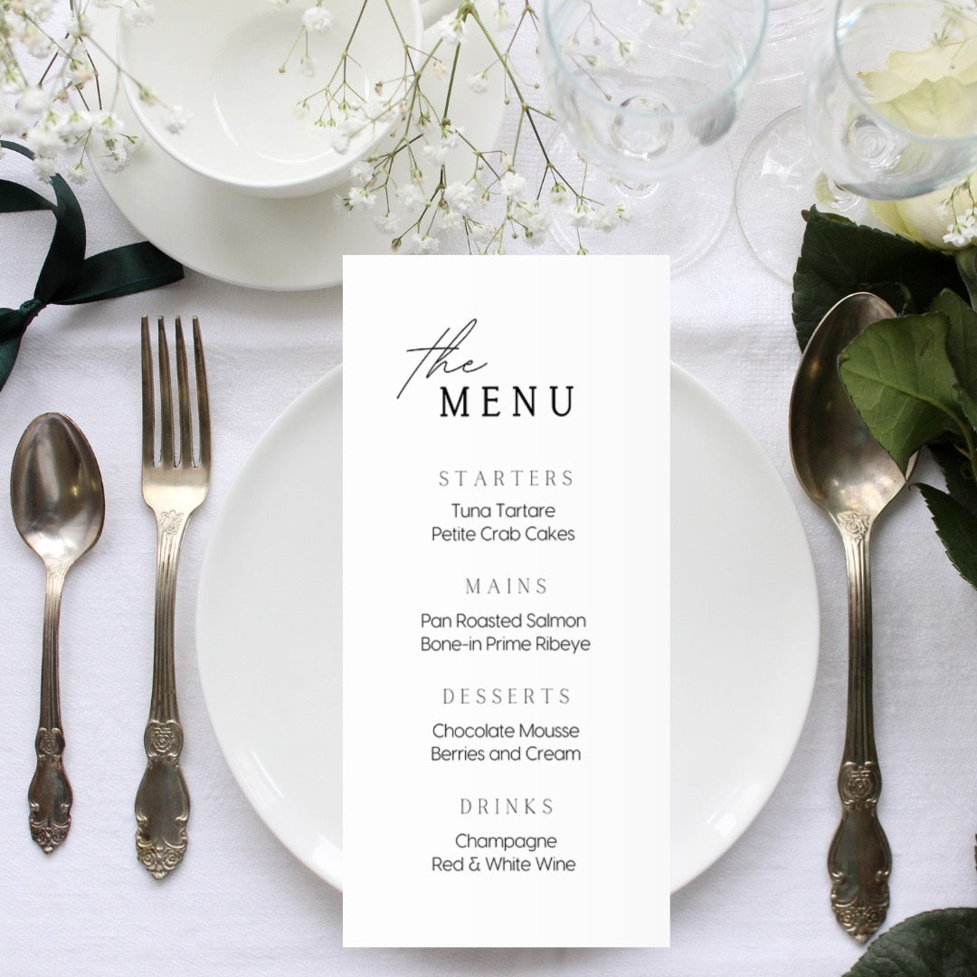 timeless white personalised wedding menu - affordable custom wedding menus