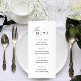 timeless white personalised wedding menu - affordable custom wedding menus