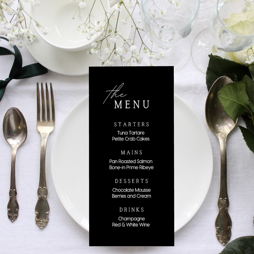 timeless black personalised wedding menu - affordable custom wedding menus