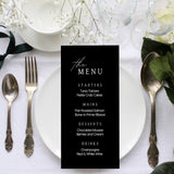 timeless black personalised wedding menu - affordable custom wedding menus