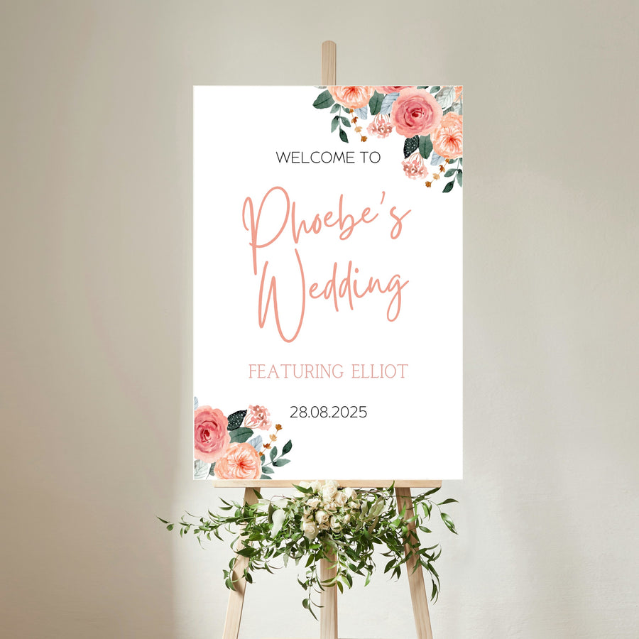 peach and pink floral bride's wedding featuring groom sign - funny wedding welcome sign