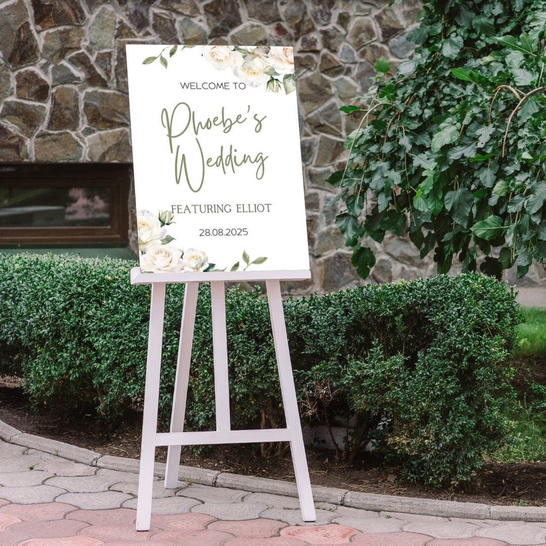 white roses floral bride's wedding featuring groom sign - funny wedding welcome sign