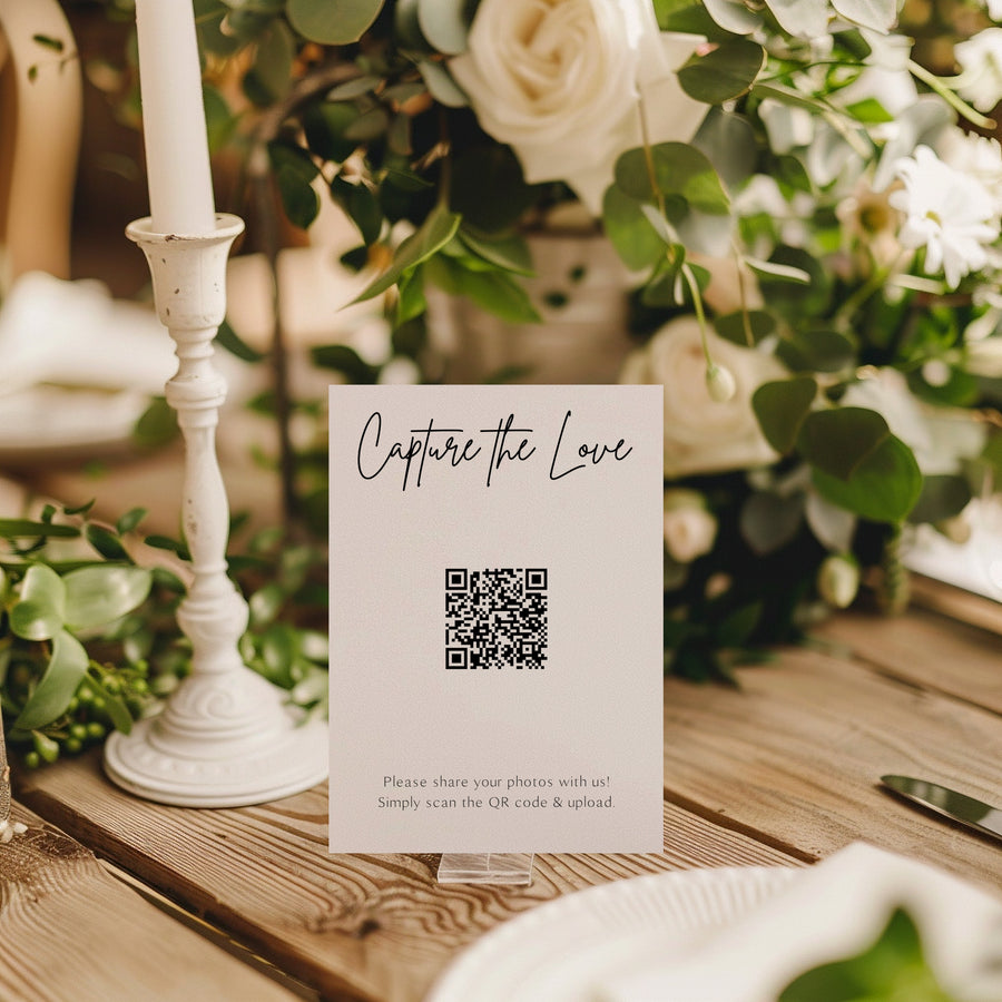 sophisticated white photo sharing qr code sign for wedding tables - luxury wedding table signage for guests to share photos