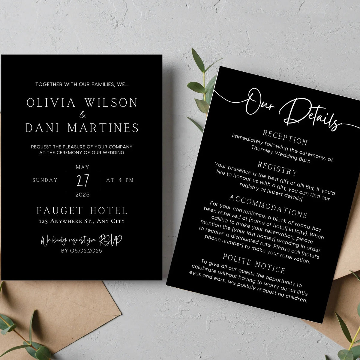 wedding invitations front and back - timeless black wedding invites customised