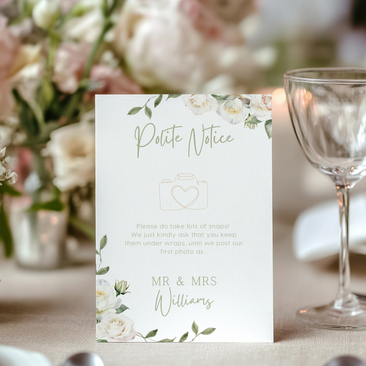 white roses floral polite notice wedding sign - Polite notice card for wedding display - luxury wedding signage