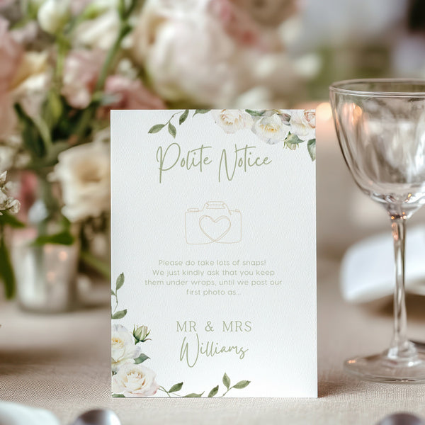 white roses floral polite notice wedding sign - Polite notice card for wedding display - luxury wedding signage