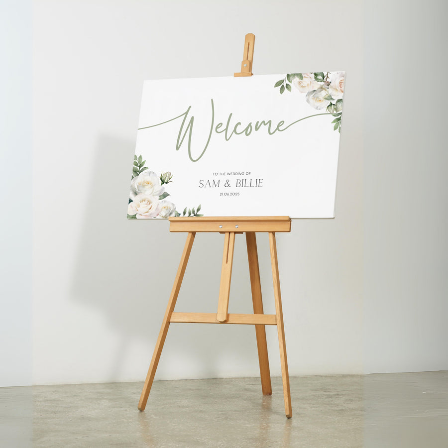 White Roses wedding welcome sign - A personalised wedding sign, adorned with beautifully designed white roses and elegant sage green text.