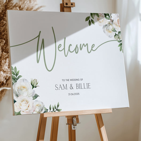 White Roses wedding welcome sign - A personalised wedding sign, adorned with beautifully designed white roses and elegant sage green text.