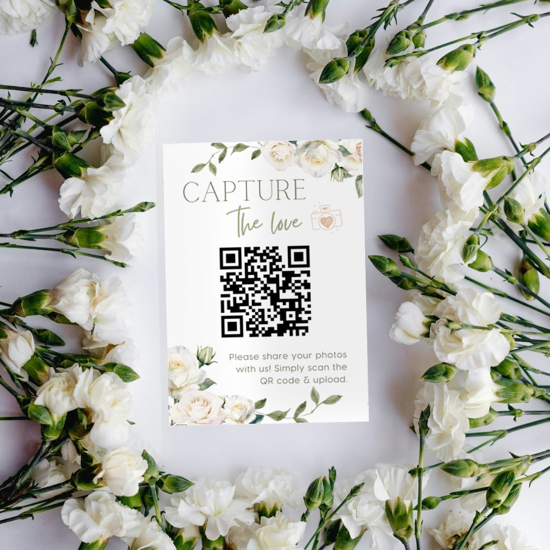 White Roses Floral Photo Sharing QR Code Sign – Little Perfections